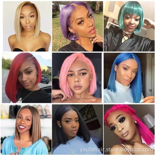Best Selling Colorful Short Bob Virgin Human Hair HD Lace Front Wig 1B 613 Pink Blue Purple Ombre Colour Hair Curly Bob Lace Wig